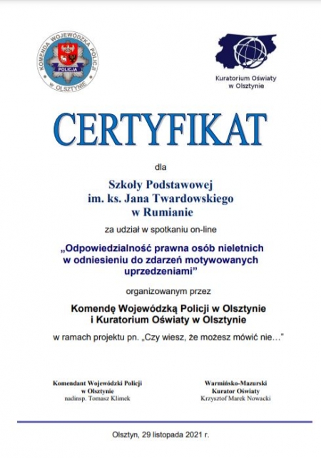 Certyfikat dla Szkoły Podstawowej im. ks. Jana Twardowskiego w Rumianie